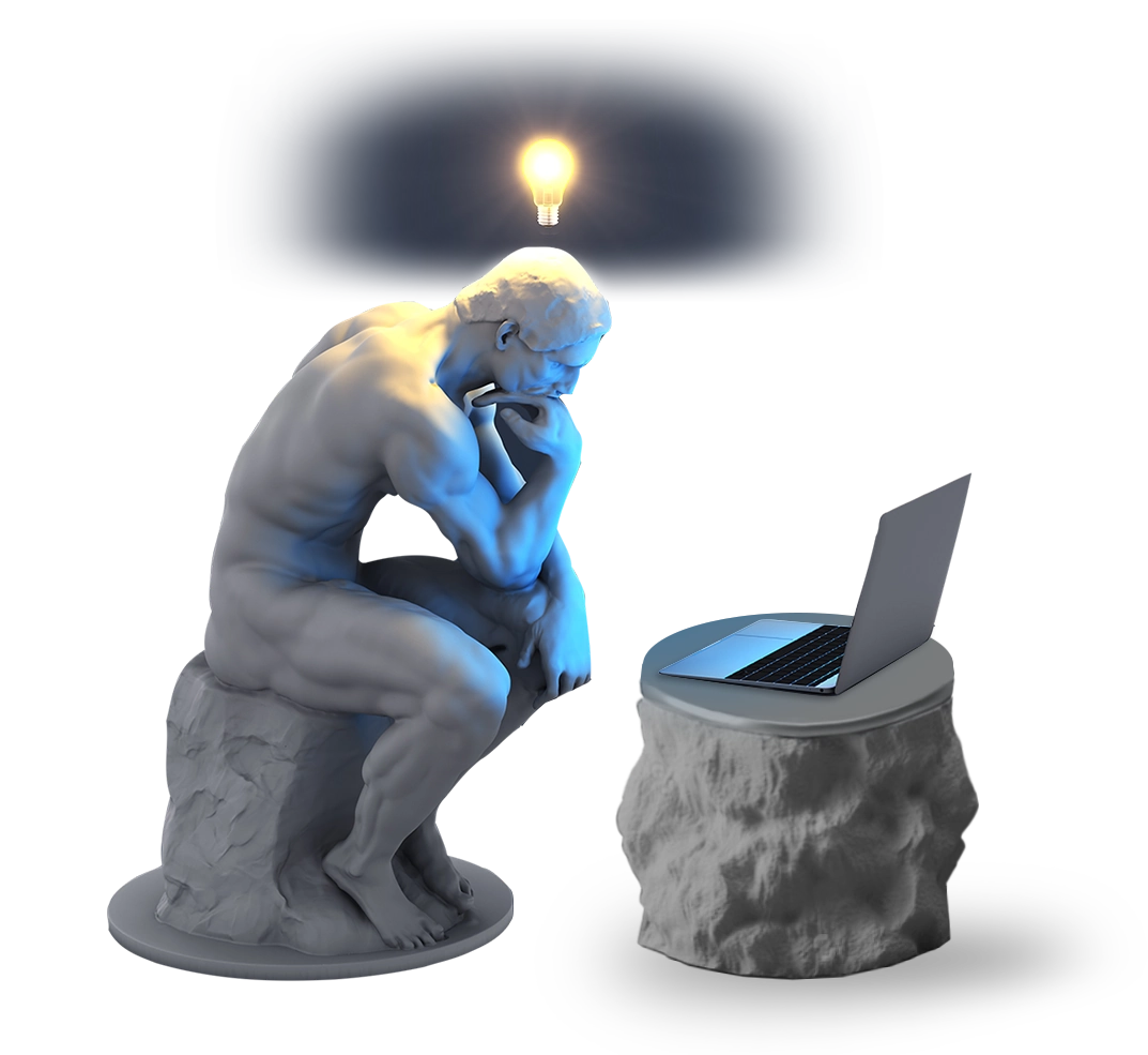 Classic thinking man statue, with a light bulb hovering above, and eyes focused on a laptop that is resting on a pedestal.