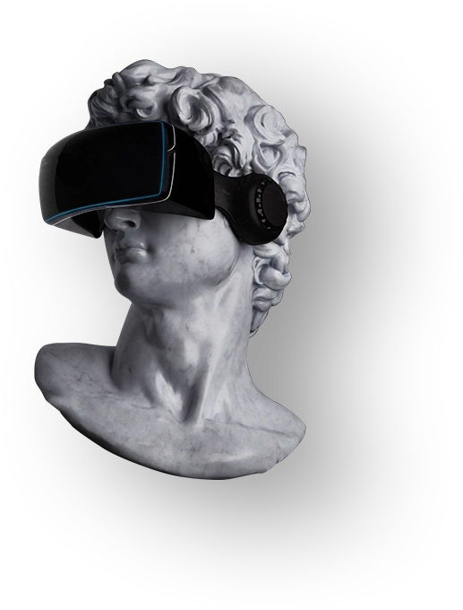 Statue head, gazing to the left, wearing virtual reality goggles.